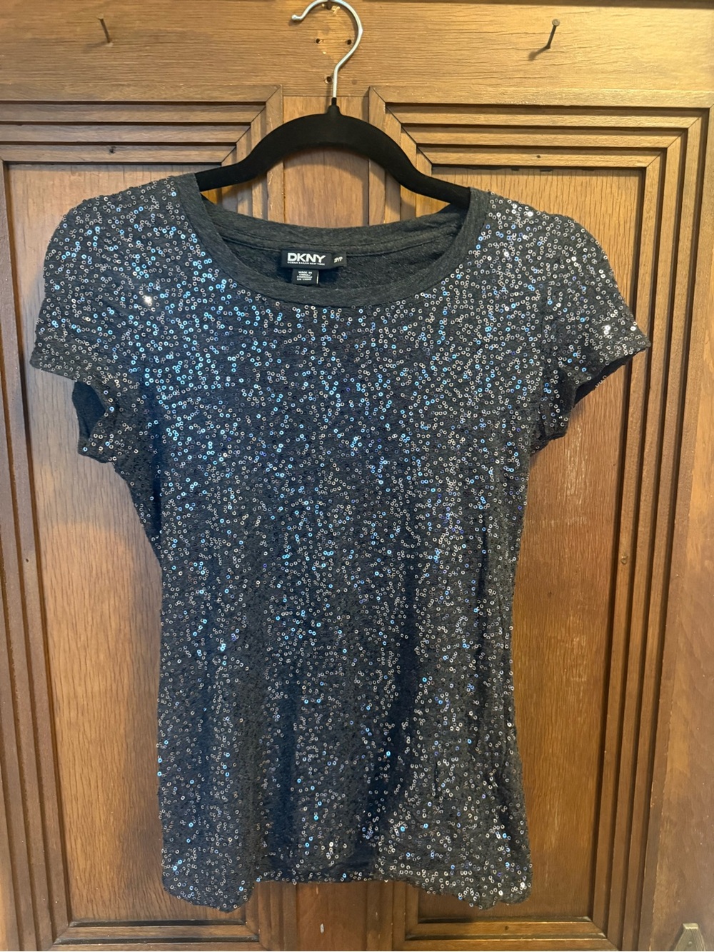DKNY Women's Black Sequin Short-Sleeve Top